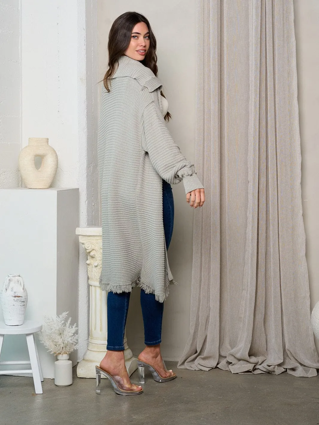 WOMEN'S LONG SLEEVE RIBBED RAW EDGE CARDIGAN
