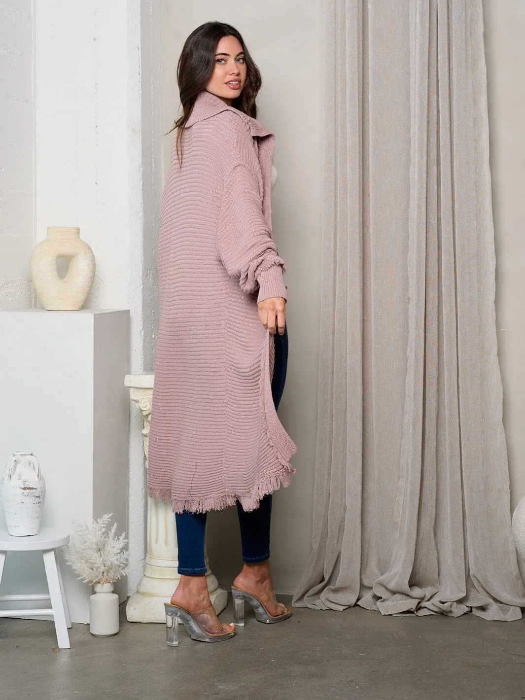 WOMEN'S LONG SLEEVE RIBBED RAW EDGE CARDIGAN