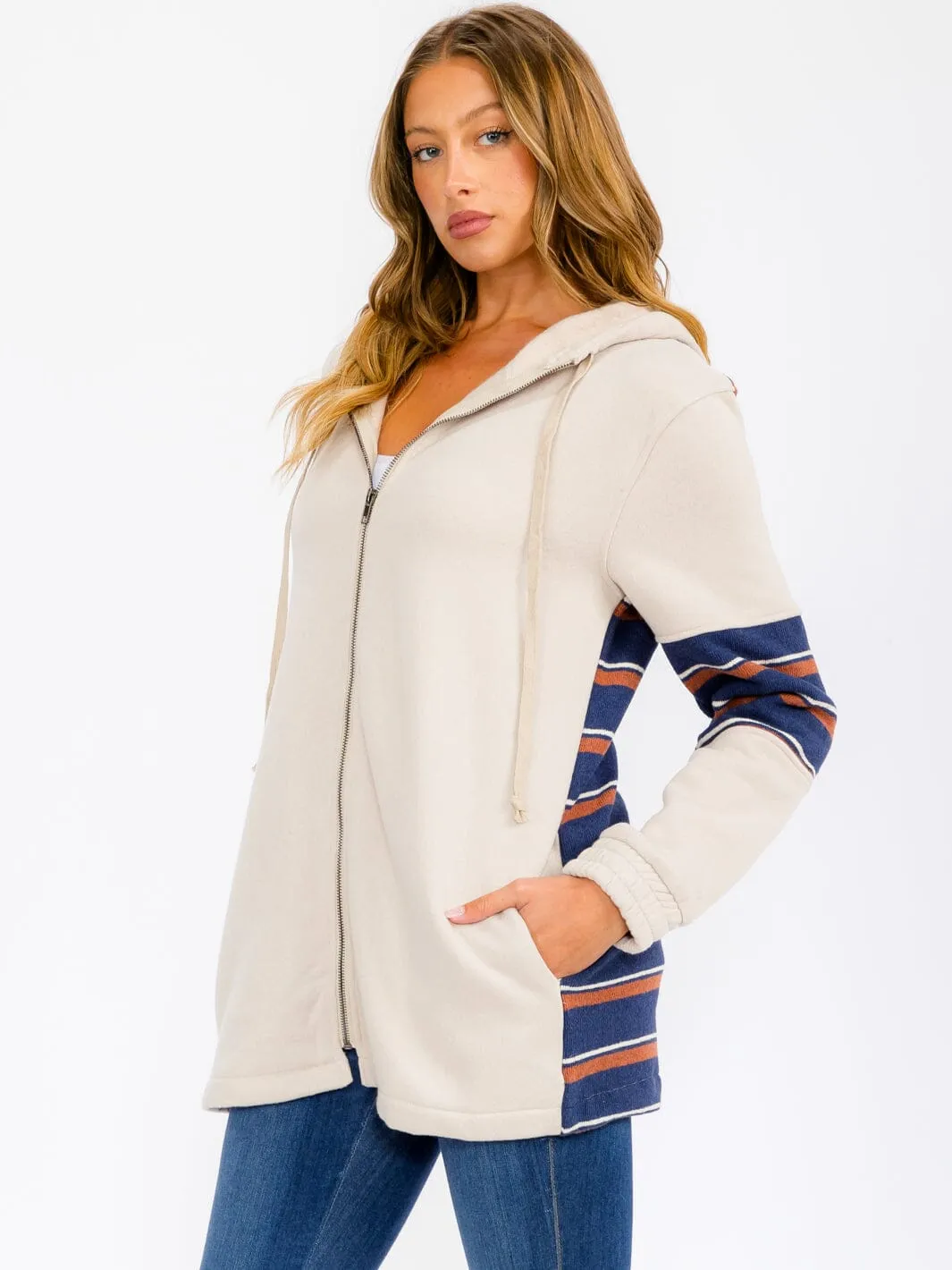 WOMEN'S LONG SLEEVE ZIP UP COLORBLOCK STRIPES SWEATER CARDIGAN