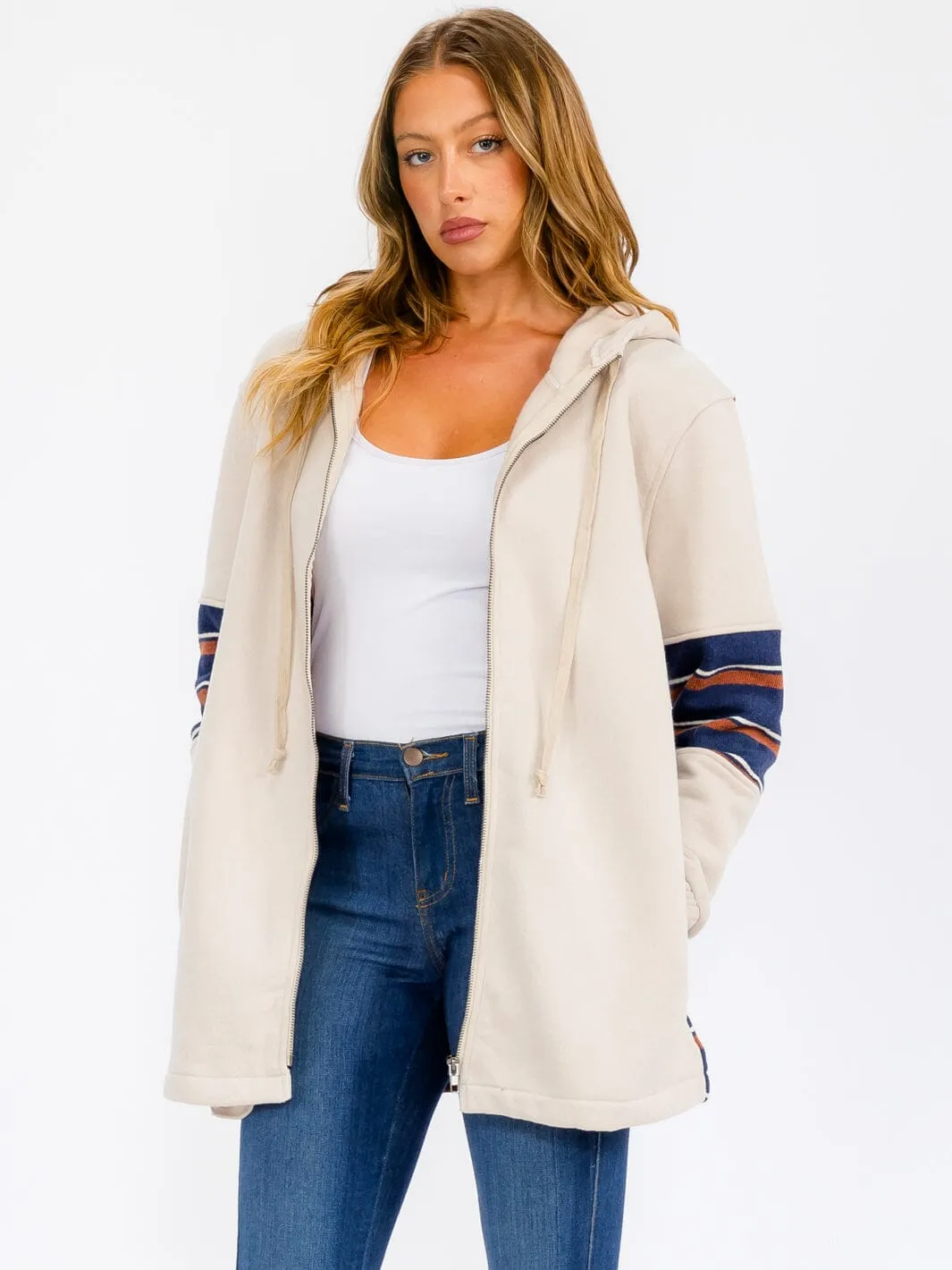 WOMEN'S LONG SLEEVE ZIP UP COLORBLOCK STRIPES SWEATER CARDIGAN