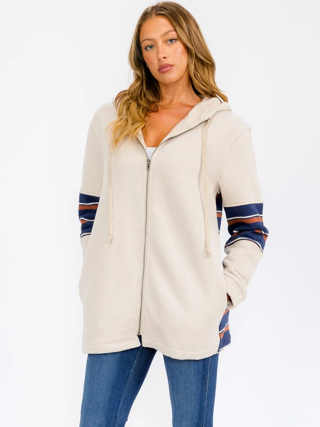 WOMEN'S LONG SLEEVE ZIP UP COLORBLOCK STRIPES SWEATER CARDIGAN