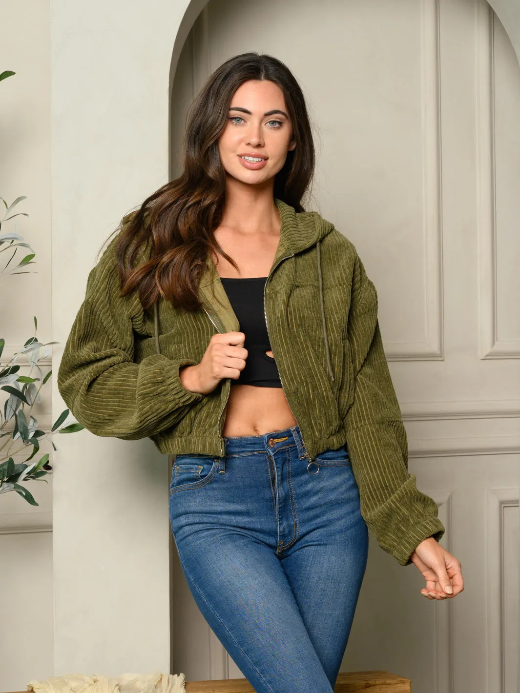 WOMENS LONG SLEEVE ZIP UP CORDUROY HOODED CROP JACKET