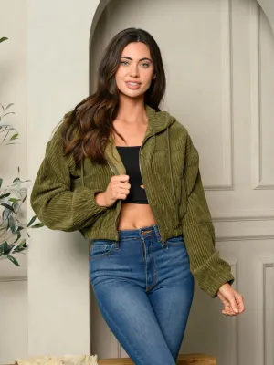 WOMENS LONG SLEEVE ZIP UP CORDUROY HOODED CROP JACKET