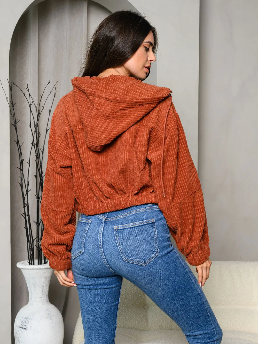 WOMENS LONG SLEEVE ZIP UP CORDUROY HOODED CROP JACKET