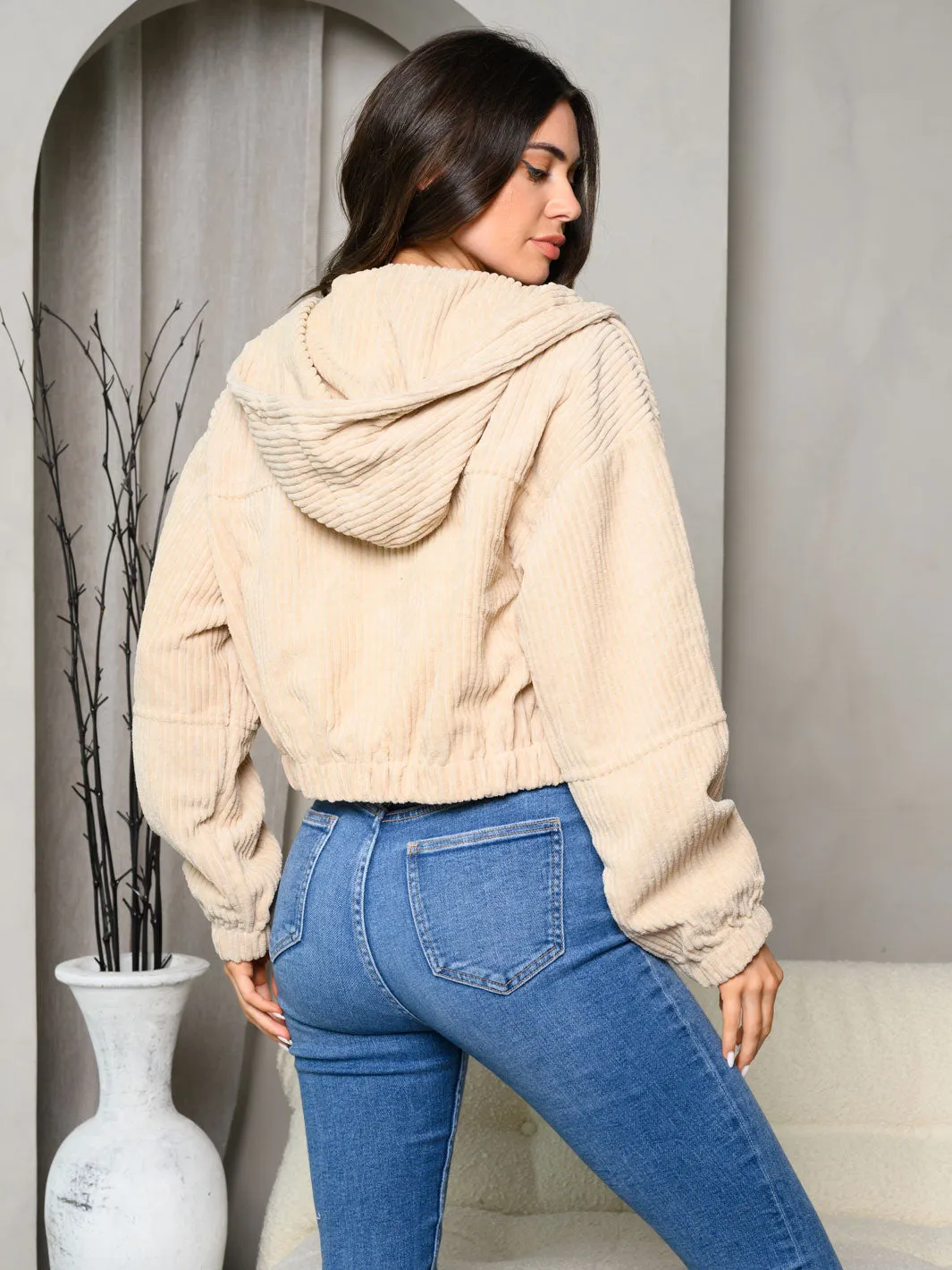 WOMENS LONG SLEEVE ZIP UP CORDUROY HOODED CROP JACKET