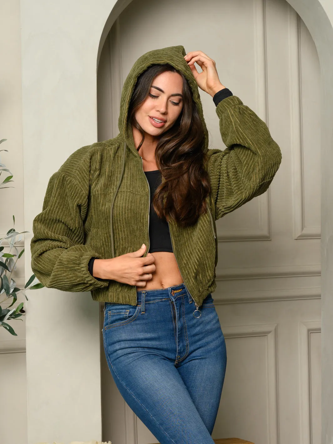 WOMENS LONG SLEEVE ZIP UP CORDUROY HOODED CROP JACKET
