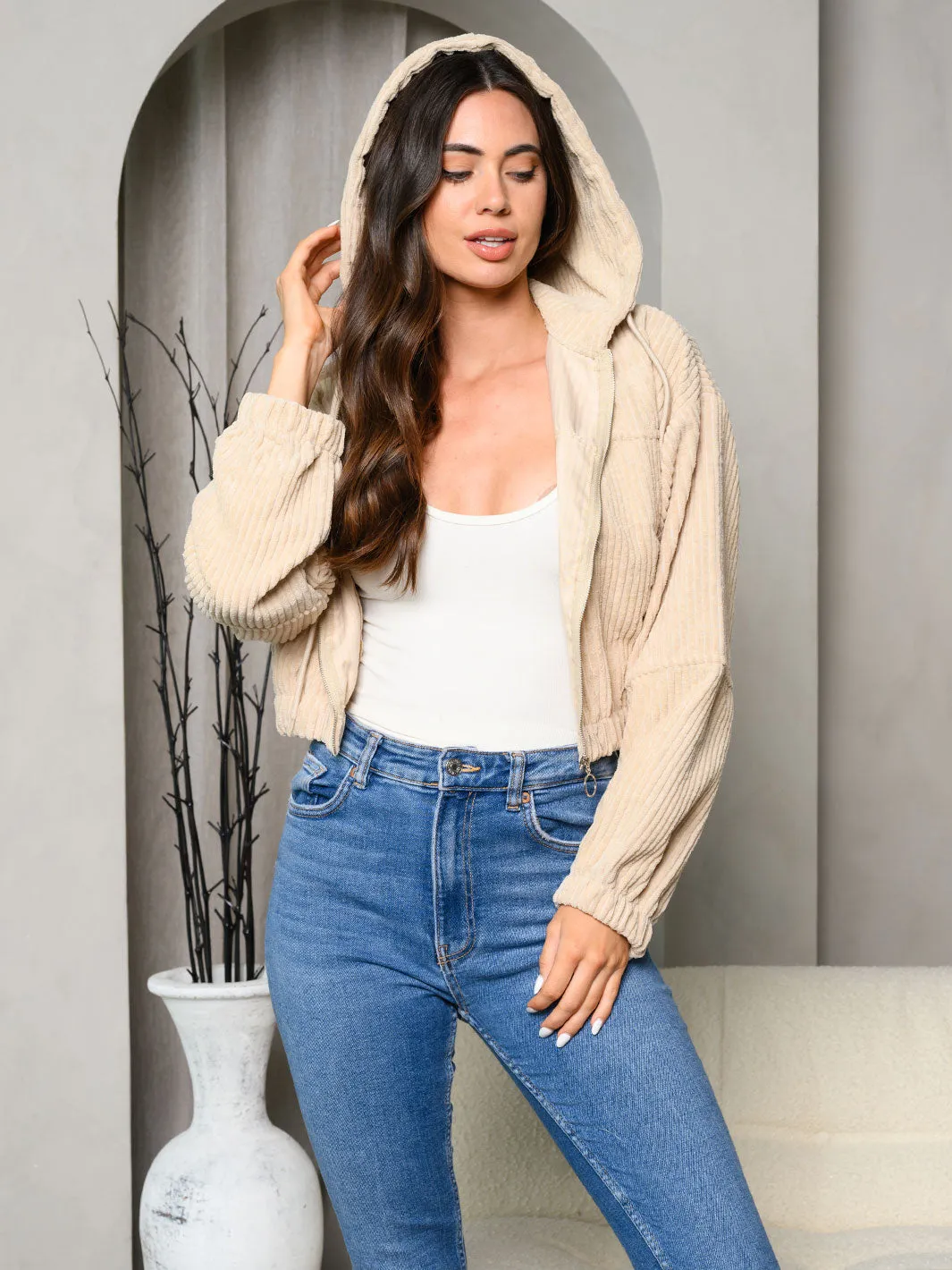 WOMENS LONG SLEEVE ZIP UP CORDUROY HOODED CROP JACKET