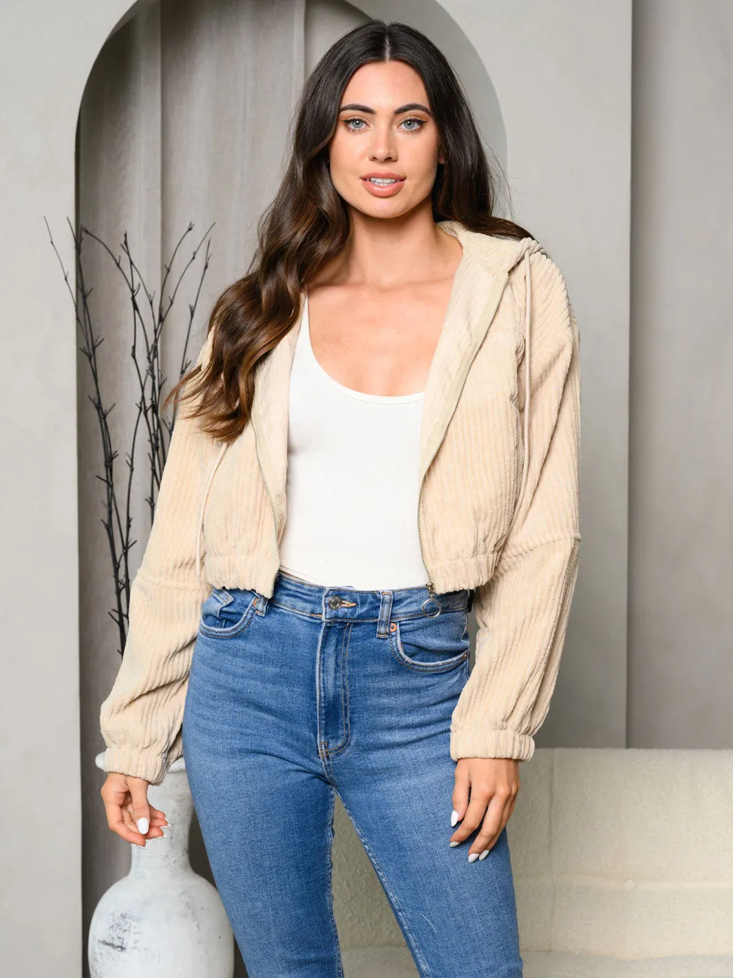 WOMENS LONG SLEEVE ZIP UP CORDUROY HOODED CROP JACKET