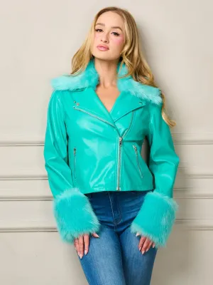 WOMEN'S LONG SLEEVE ZIP UP FAUX FUR PLEATHER JACKET