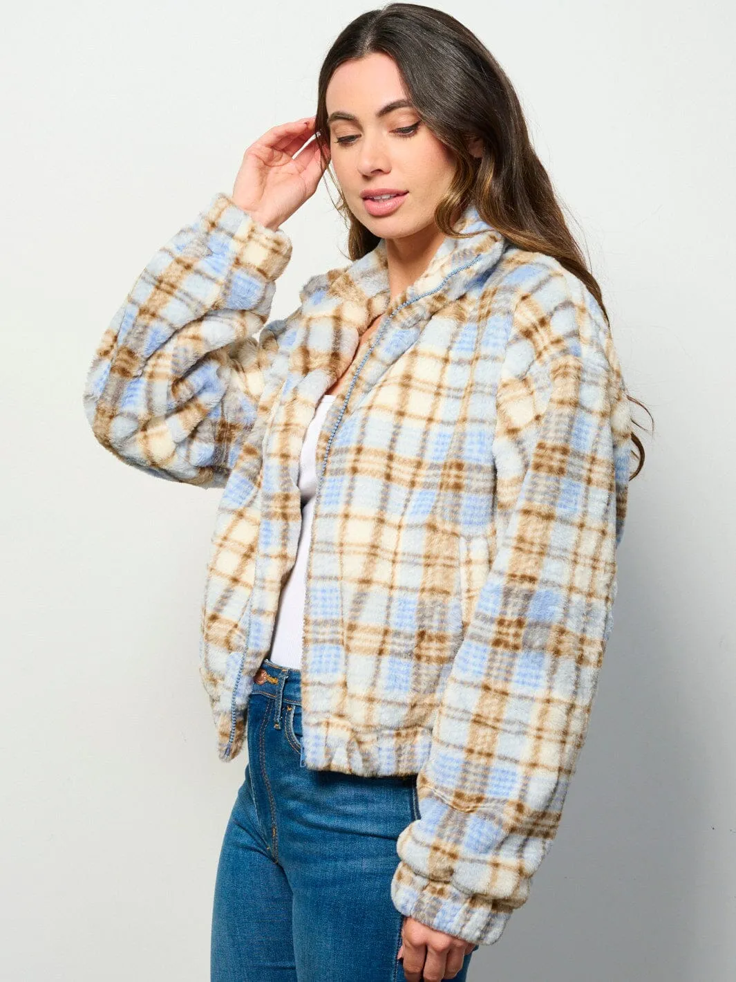 WOMEN'S LONG SLEEVE ZIP UP FRONT POCKETS PLAID FUZZY JACKET