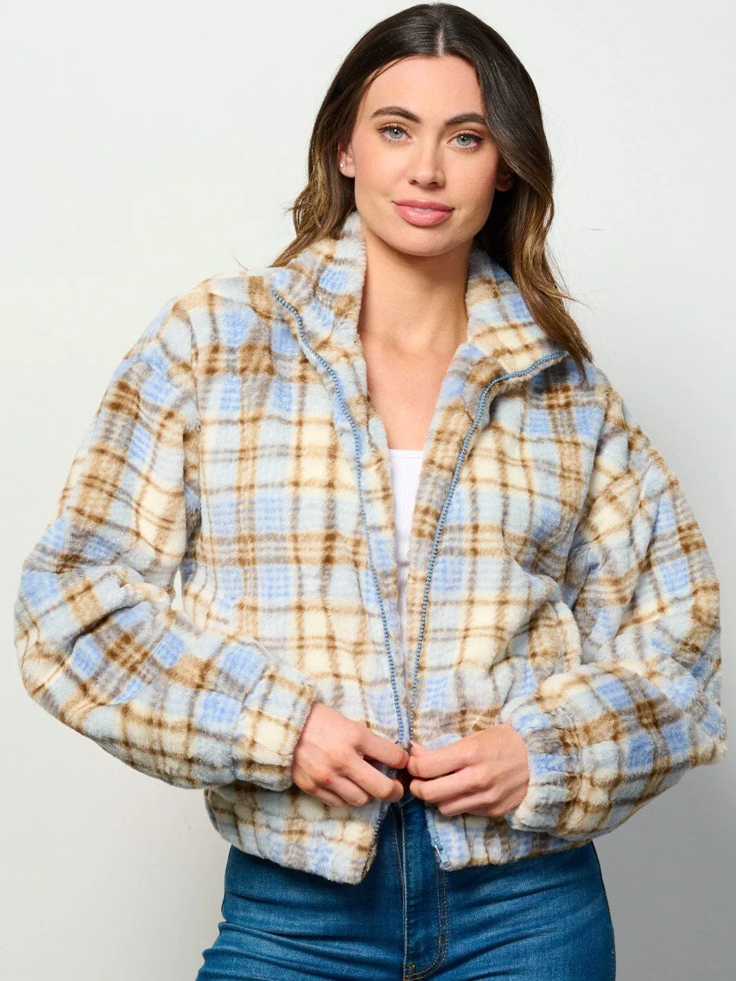 WOMEN'S LONG SLEEVE ZIP UP FRONT POCKETS PLAID FUZZY JACKET
