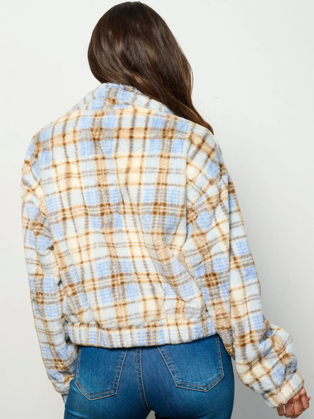 WOMEN'S LONG SLEEVE ZIP UP FRONT POCKETS PLAID FUZZY JACKET