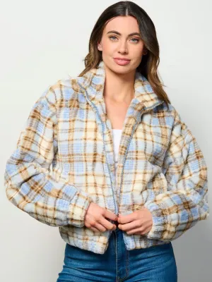 WOMEN'S LONG SLEEVE ZIP UP FRONT POCKETS PLAID FUZZY JACKET