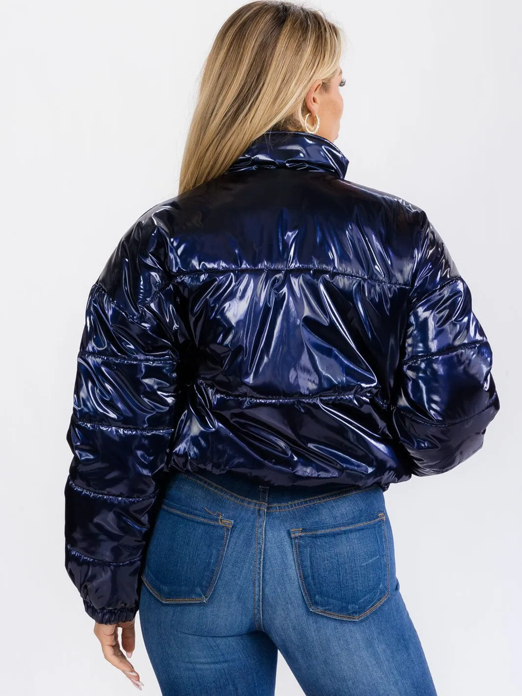 WOMEN'S LONG SLEEVE ZIP UP FRONT POCKETS PU PLEATHER PUFFER JACKET