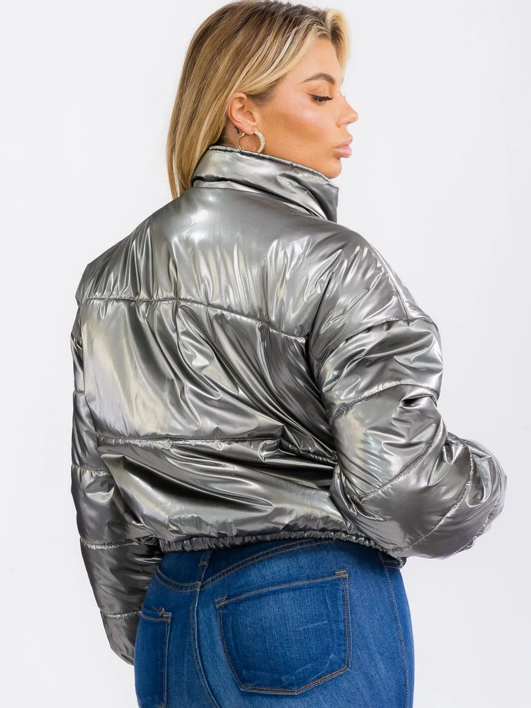 WOMEN'S LONG SLEEVE ZIP UP FRONT POCKETS PU PLEATHER PUFFER JACKET