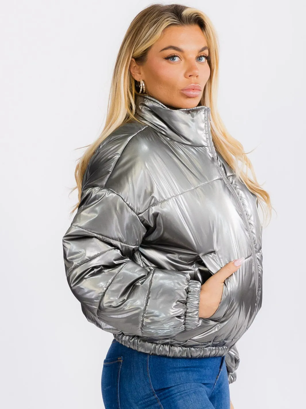 WOMEN'S LONG SLEEVE ZIP UP FRONT POCKETS PU PLEATHER PUFFER JACKET