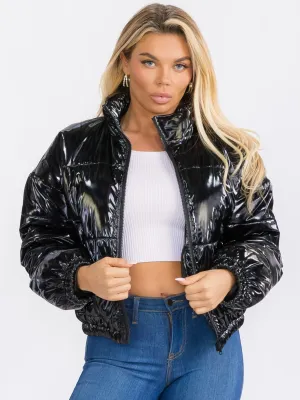 WOMEN'S LONG SLEEVE ZIP UP FRONT POCKETS PU PLEATHER PUFFER JACKET