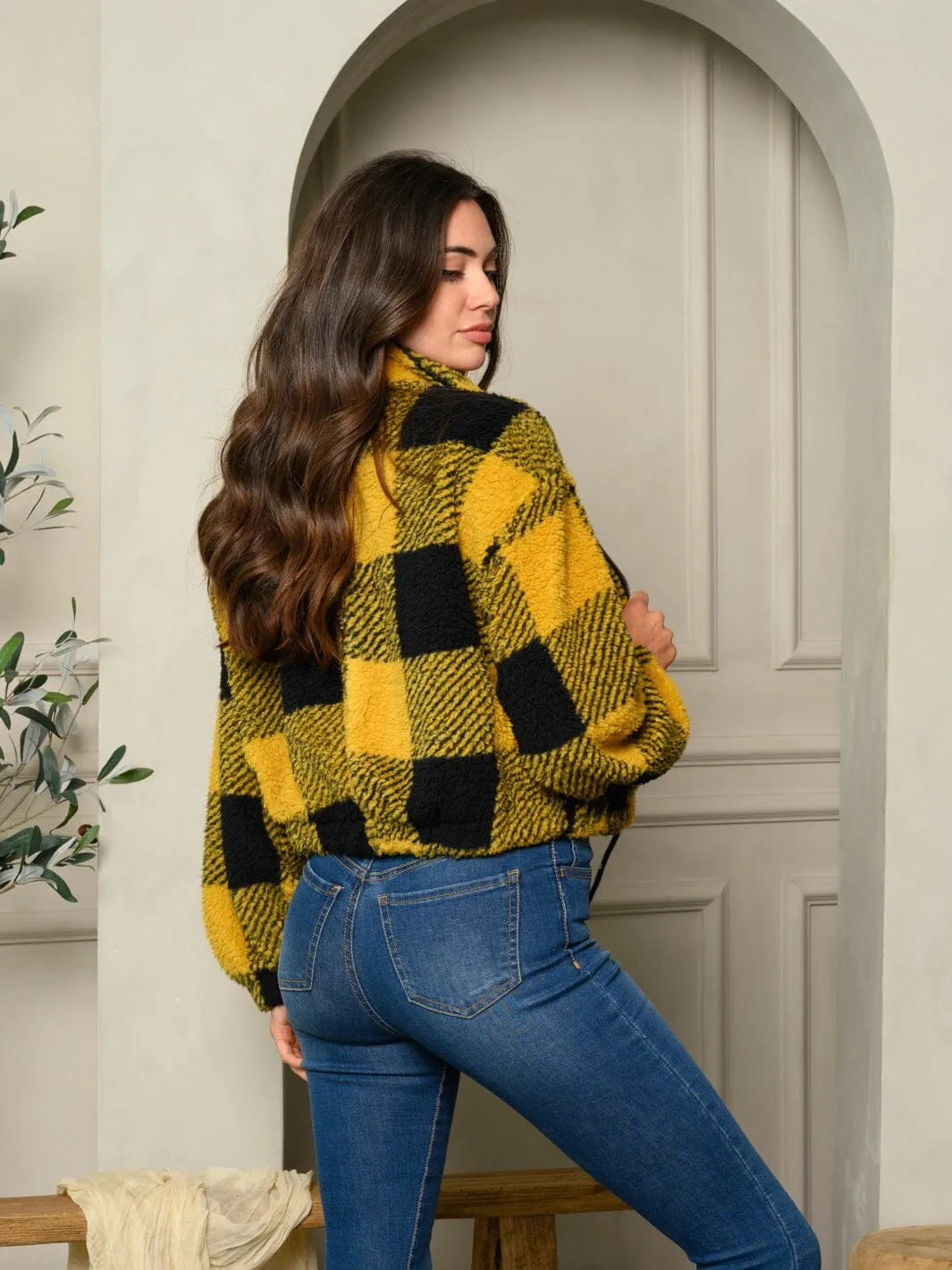WOMENS LONG SLEEVE ZIP UP PLAID CROP JACKET