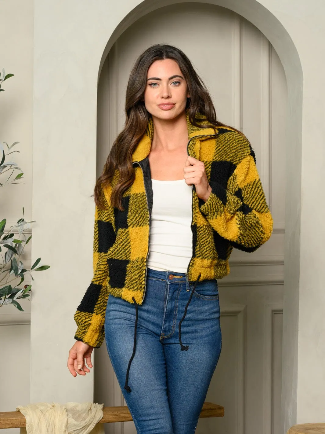 WOMENS LONG SLEEVE ZIP UP PLAID CROP JACKET