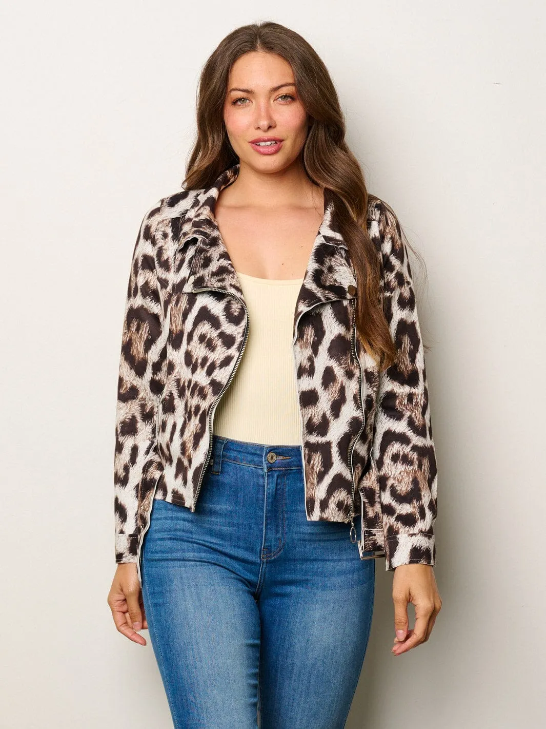 WOMEN'S LONG SLEEVE ZIP UP POCKETS ANIMAL PRINT JACKET