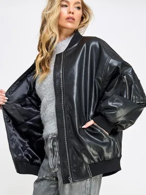 WOMEN'S LONG SLEEVE ZIP UP POCKETS PU PLEATHER JACKET