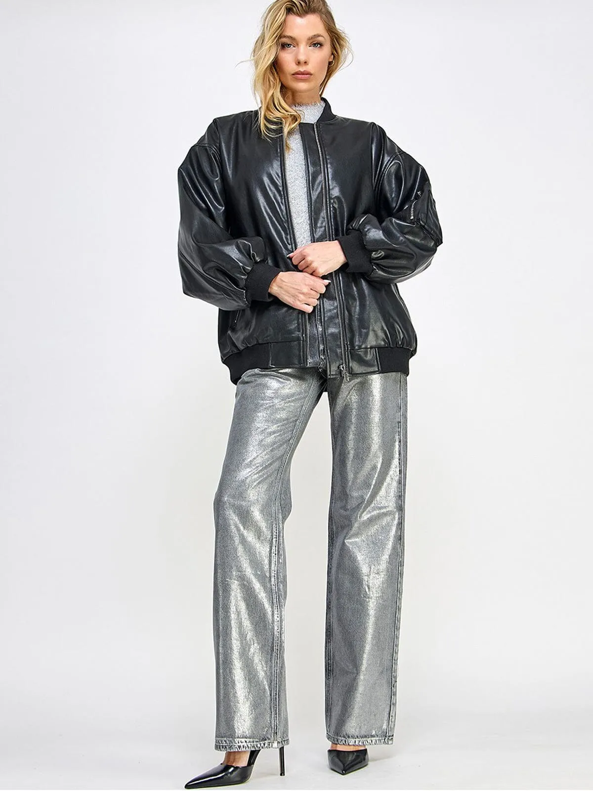 WOMEN'S LONG SLEEVE ZIP UP POCKETS PU PLEATHER JACKET