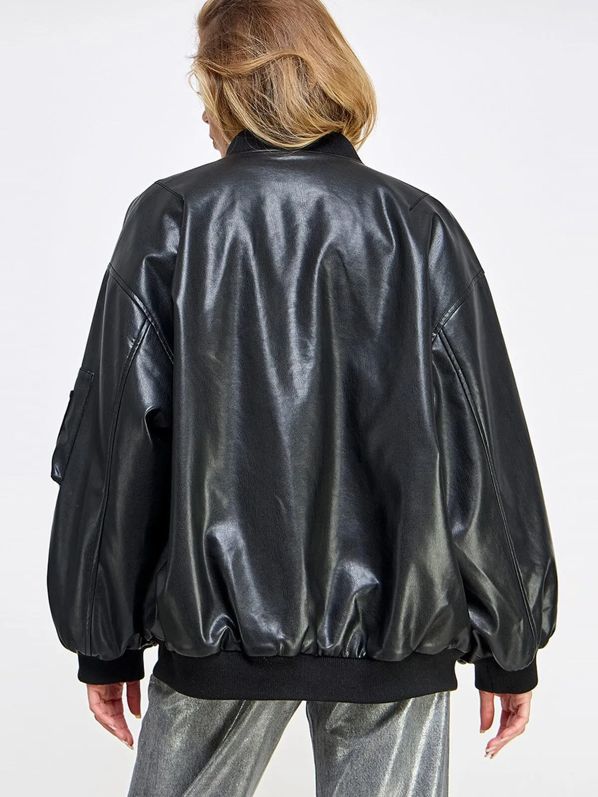 WOMEN'S LONG SLEEVE ZIP UP POCKETS PU PLEATHER JACKET