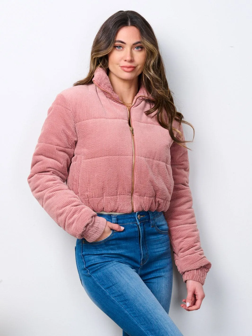 WOMEN'S LONG SLEEVE ZIP UP POCKETS PUFFER JACKET