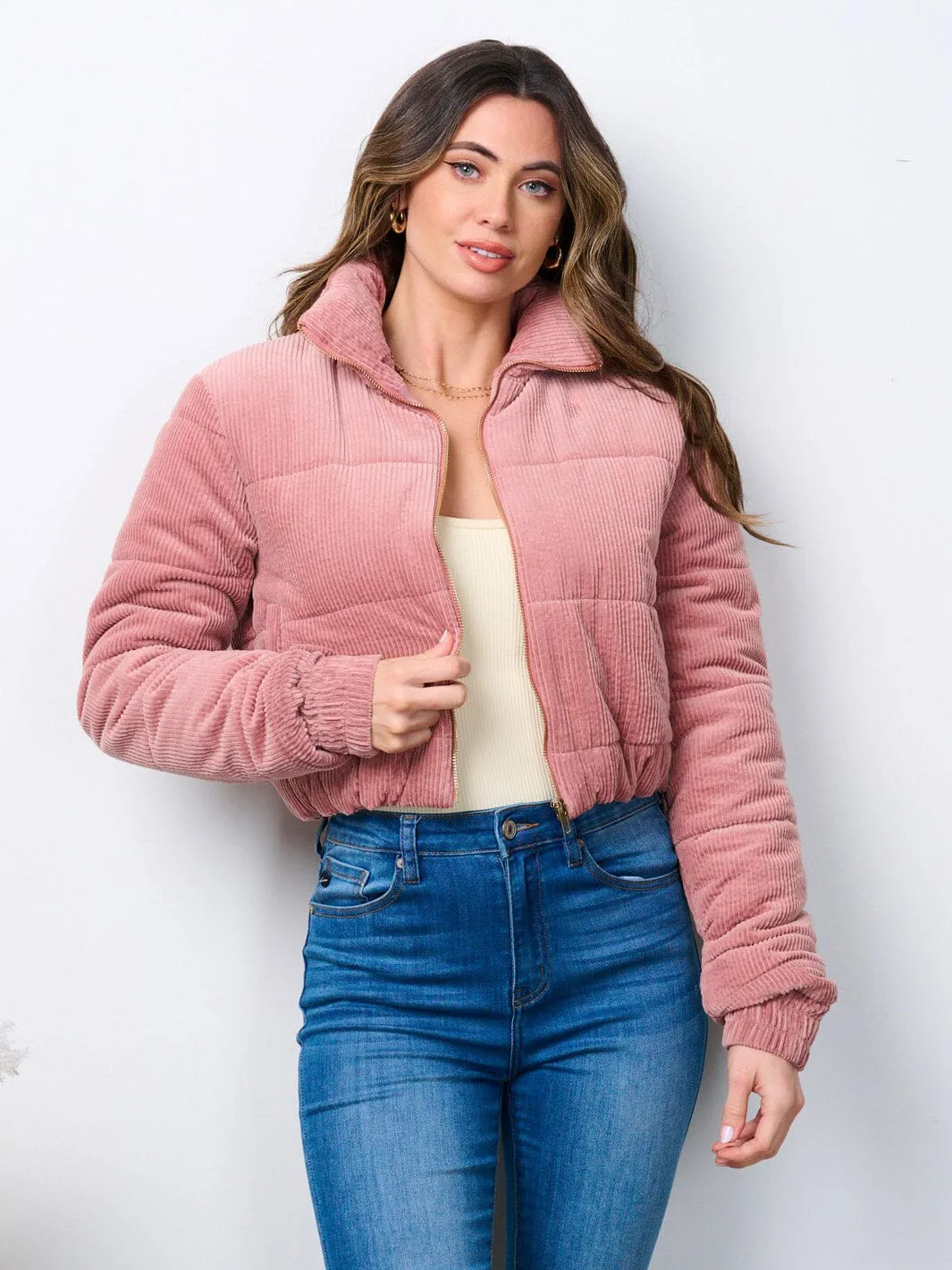 WOMEN'S LONG SLEEVE ZIP UP POCKETS PUFFER JACKET