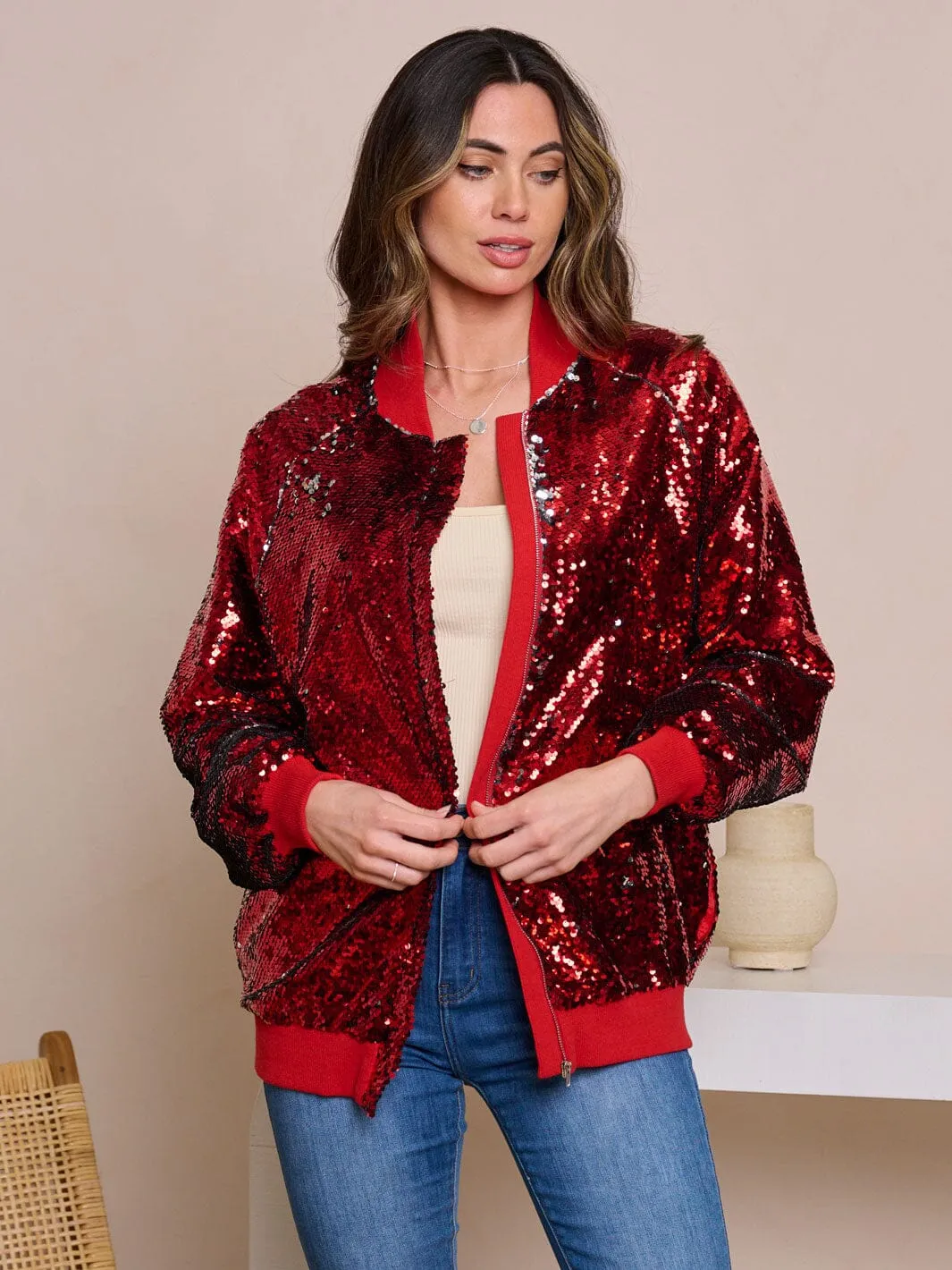 WOMEN'S LONG SLEEVE ZIP UP POCKETS SEQUINS JACKET