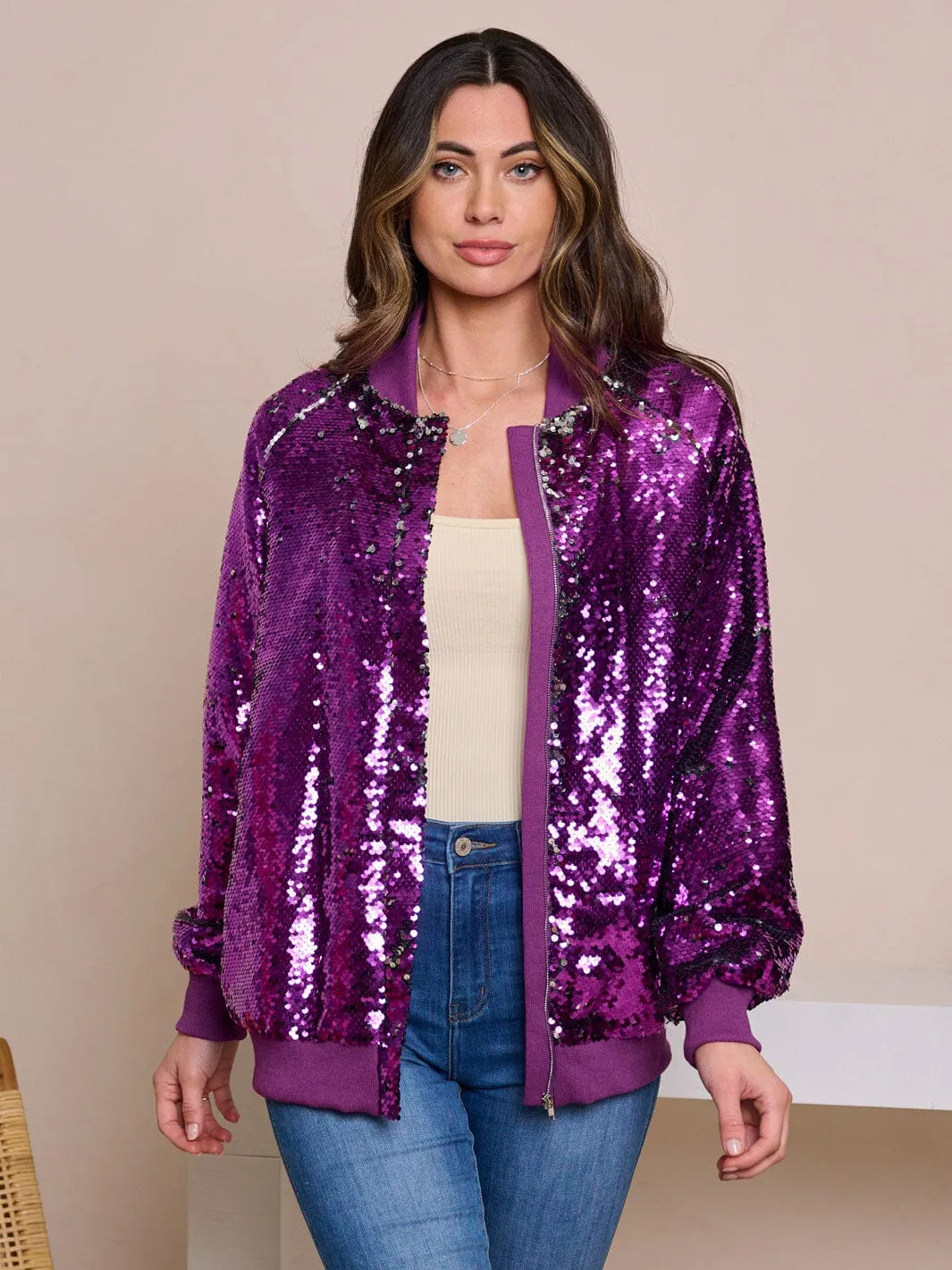 WOMEN'S LONG SLEEVE ZIP UP POCKETS SEQUINS JACKET