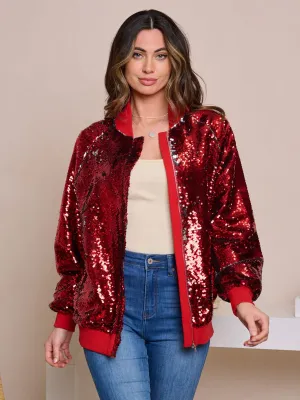 WOMEN'S LONG SLEEVE ZIP UP POCKETS SEQUINS JACKET