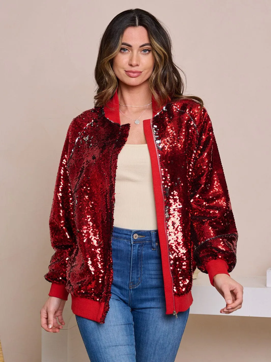 WOMEN'S LONG SLEEVE ZIP UP POCKETS SEQUINS JACKET
