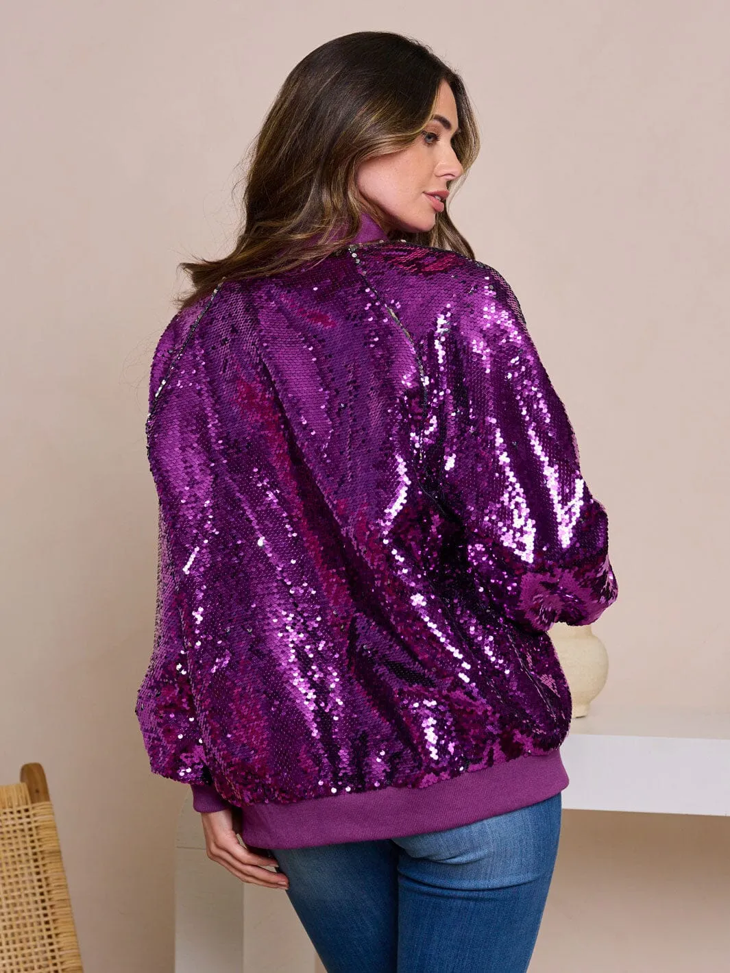 WOMEN'S LONG SLEEVE ZIP UP POCKETS SEQUINS JACKET