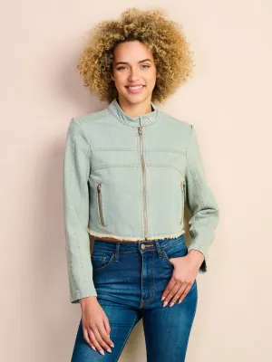 WOMEN'S LONG SLEEVE ZIP UP RAW EDGE DENIM CROP JACKETS