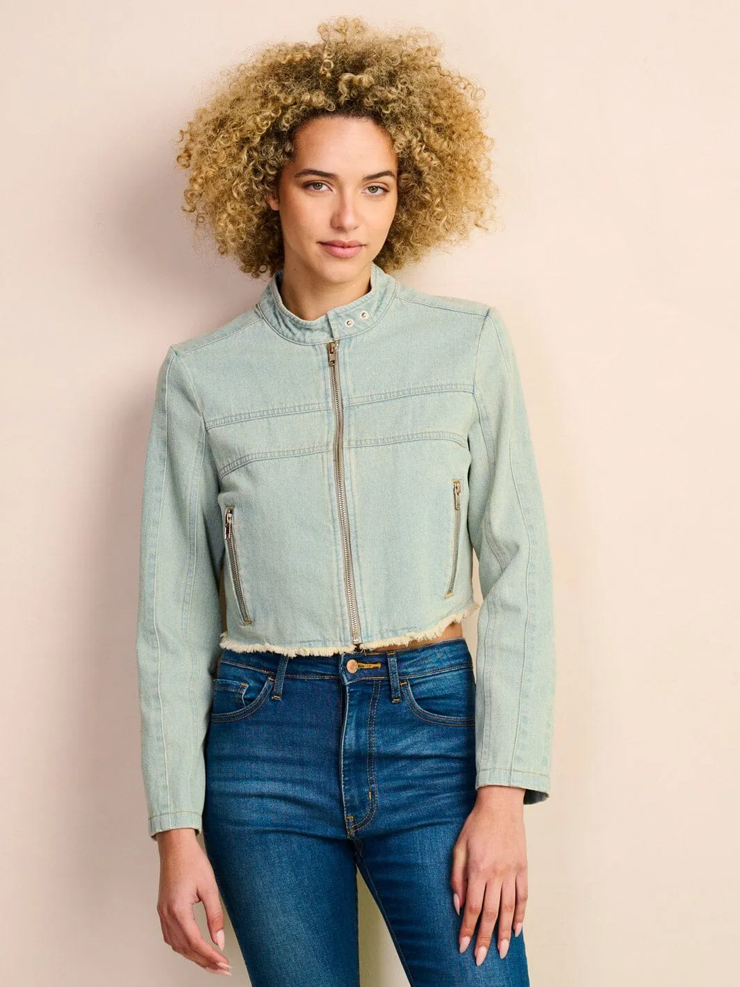 WOMEN'S LONG SLEEVE ZIP UP RAW EDGE DENIM CROP JACKETS