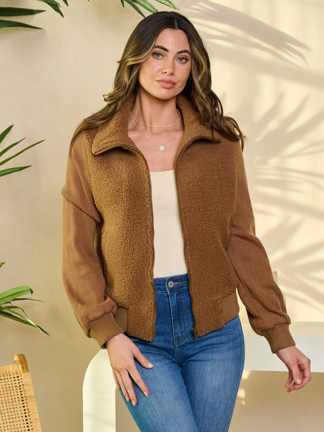 WOMEN'S LONG SLEEVE ZIP UP SHERPA JACKET