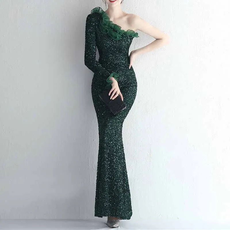 Women's One Shoulder Feather Sequin Mermaid Evening Gown Cocktail Long Formal Dress S-4XL