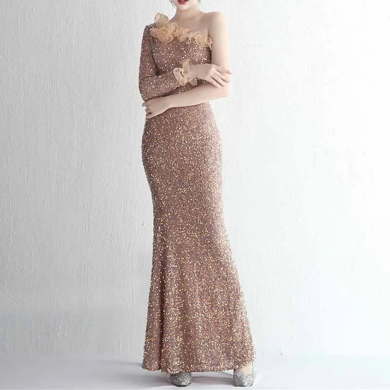 Women's One Shoulder Feather Sequin Mermaid Evening Gown Cocktail Long Formal Dress S-4XL