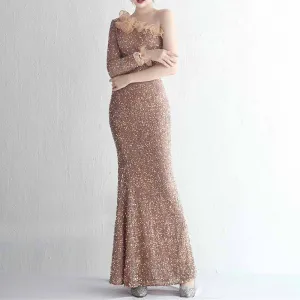 Women's One Shoulder Feather Sequin Mermaid Evening Gown Cocktail Long Formal Dress S-4XL