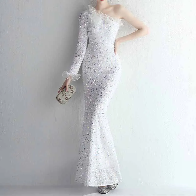 Women's One Shoulder Feather Sequin Mermaid Evening Gown Cocktail Long Formal Dress S-4XL