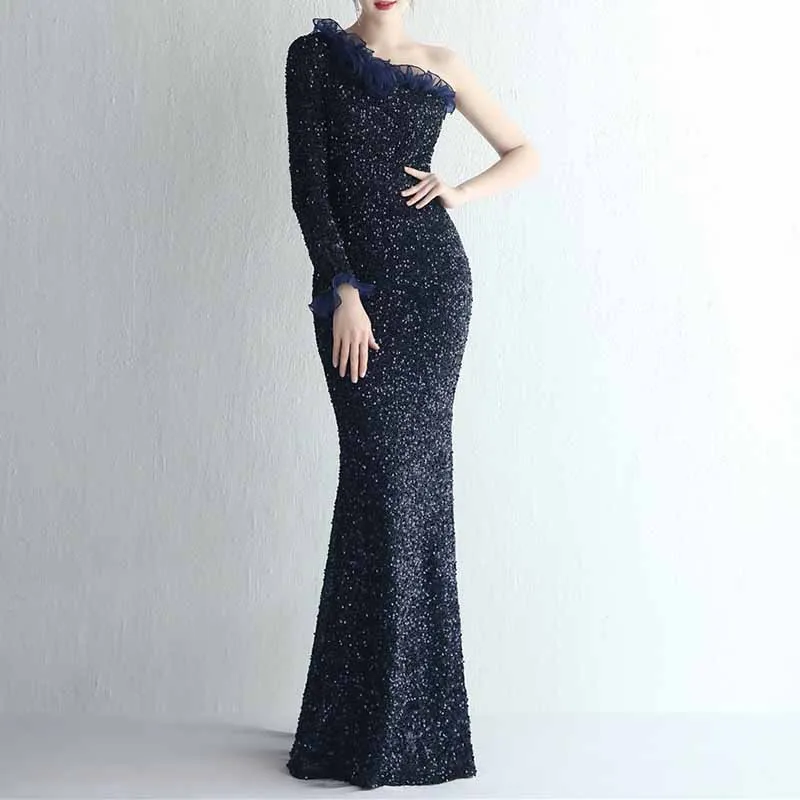 Women's One Shoulder Feather Sequin Mermaid Evening Gown Cocktail Long Formal Dress S-4XL