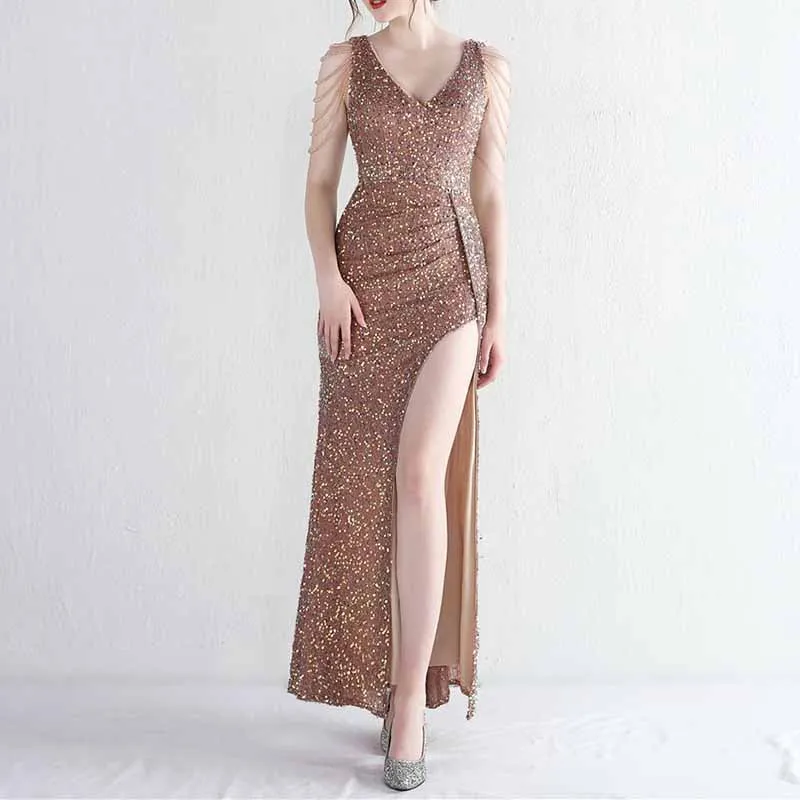 Womens Party Dress Sequins V-Neck Long Dress Formal Evening Prom Gowns S-4XL