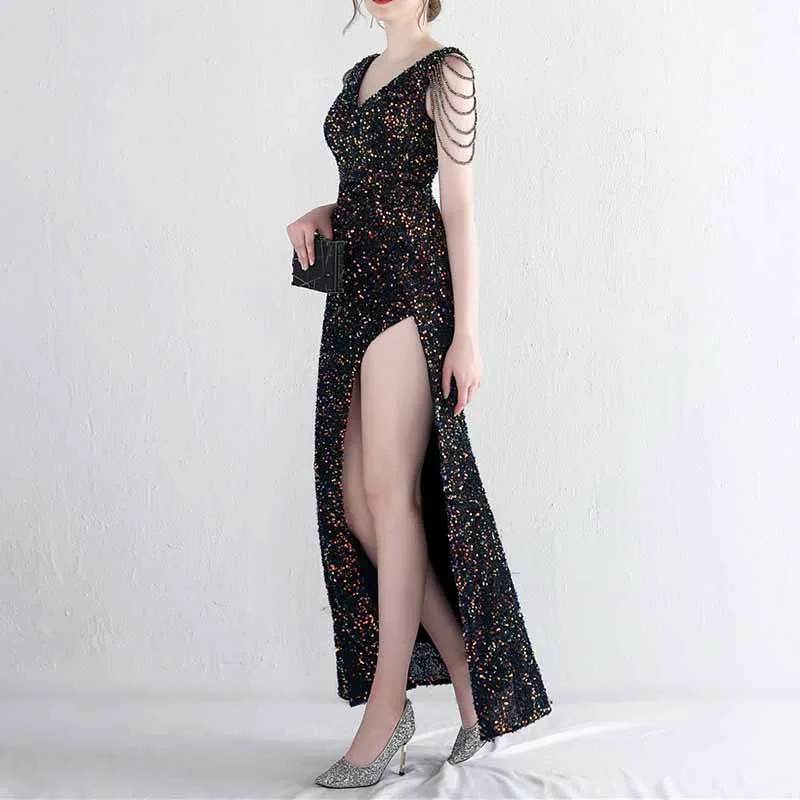 Womens Party Dress Sequins V-Neck Long Dress Formal Evening Prom Gowns S-4XL