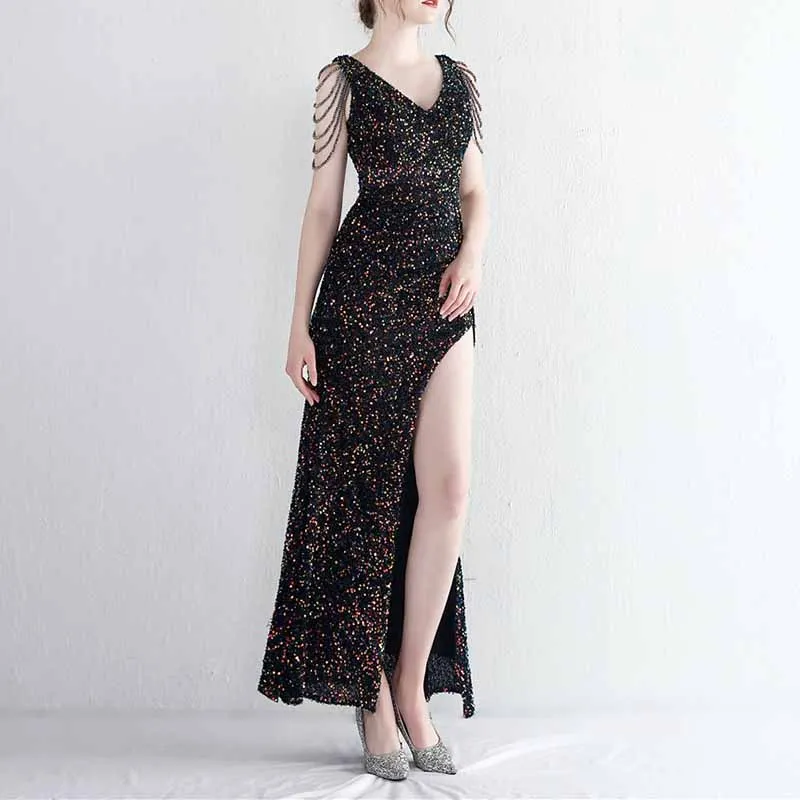Womens Party Dress Sequins V-Neck Long Dress Formal Evening Prom Gowns S-4XL