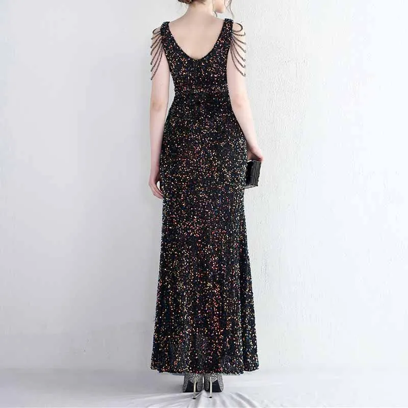 Womens Party Dress Sequins V-Neck Long Dress Formal Evening Prom Gowns S-4XL