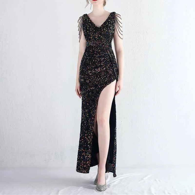 Womens Party Dress Sequins V-Neck Long Dress Formal Evening Prom Gowns S-4XL