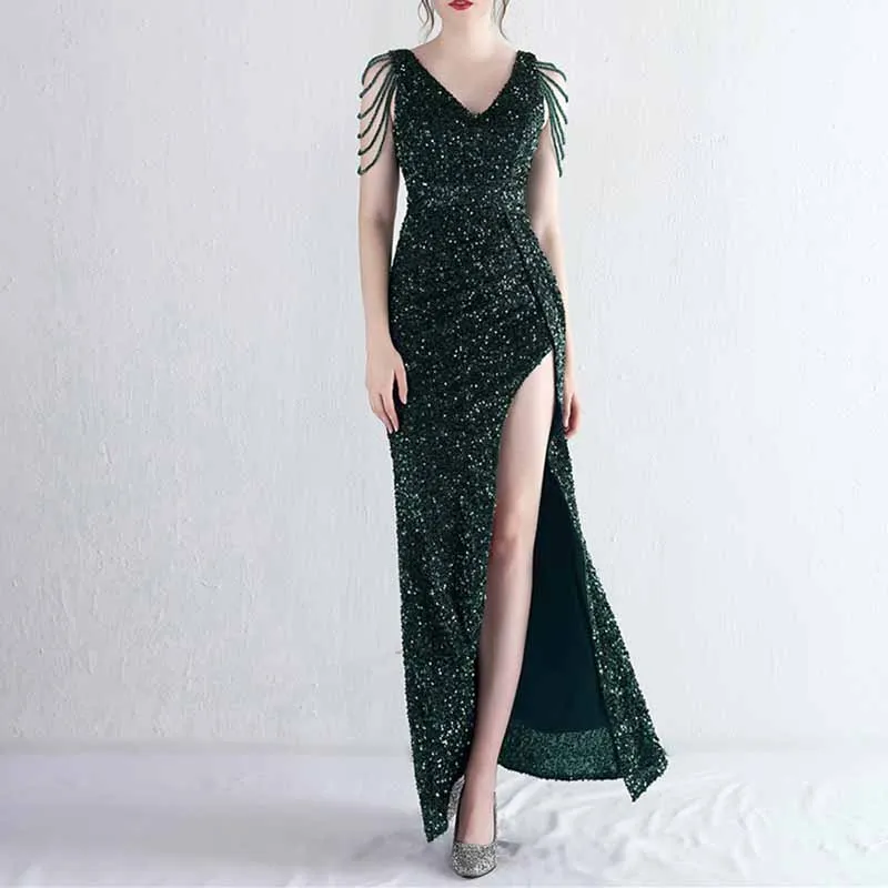 Womens Party Dress Sequins V-Neck Long Dress Formal Evening Prom Gowns S-4XL