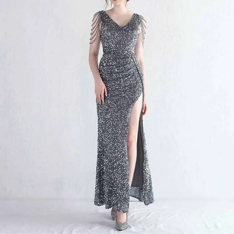 Womens Party Dress Sequins V-Neck Long Dress Formal Evening Prom Gowns S-4XL