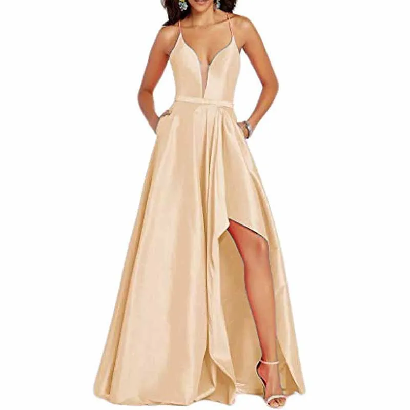Women's Sexy Satin Deep V Neck Backless Hi Lo Prom Party Evening Dress